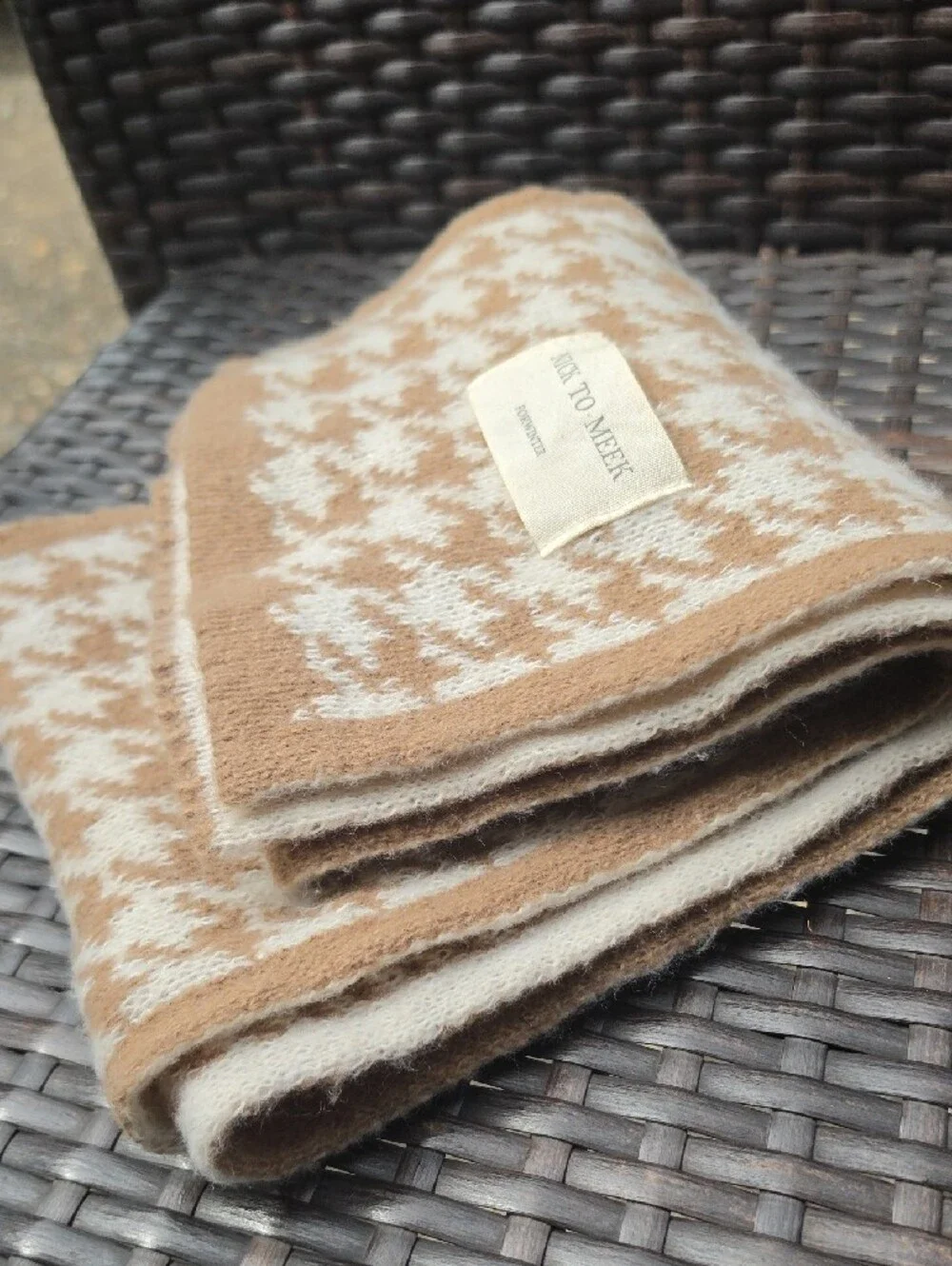 Neutral Cream & Tan Houndstooth Knit Scarf - Cozy Everyday Layer